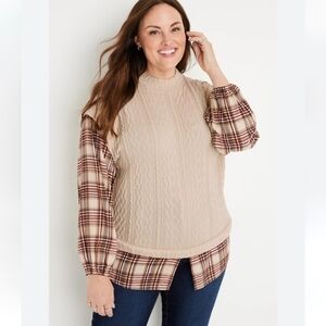 Maurices Plaid Sleeve‎ Mock Neck Top